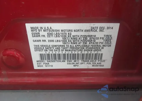 2015 Mitsubishi Outlander Sport Se z USA, uszkodzony, nr VIN 4A4AP4AU0FE019872